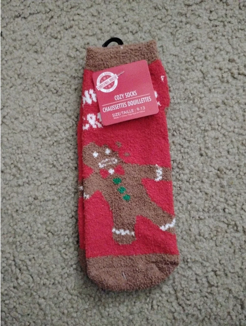 Christmas House Holiday Cozy Socks - Gingerbread Man Red Fuzzy Socks